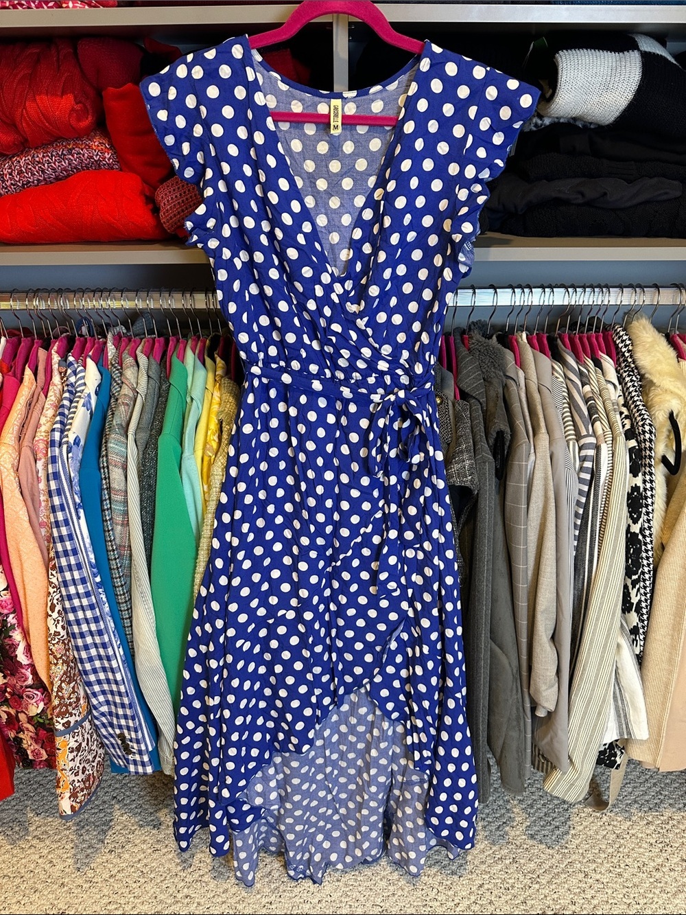 Grecerelle blue/white polka dot sleeveless faux wrap hip low maxi dress size M
